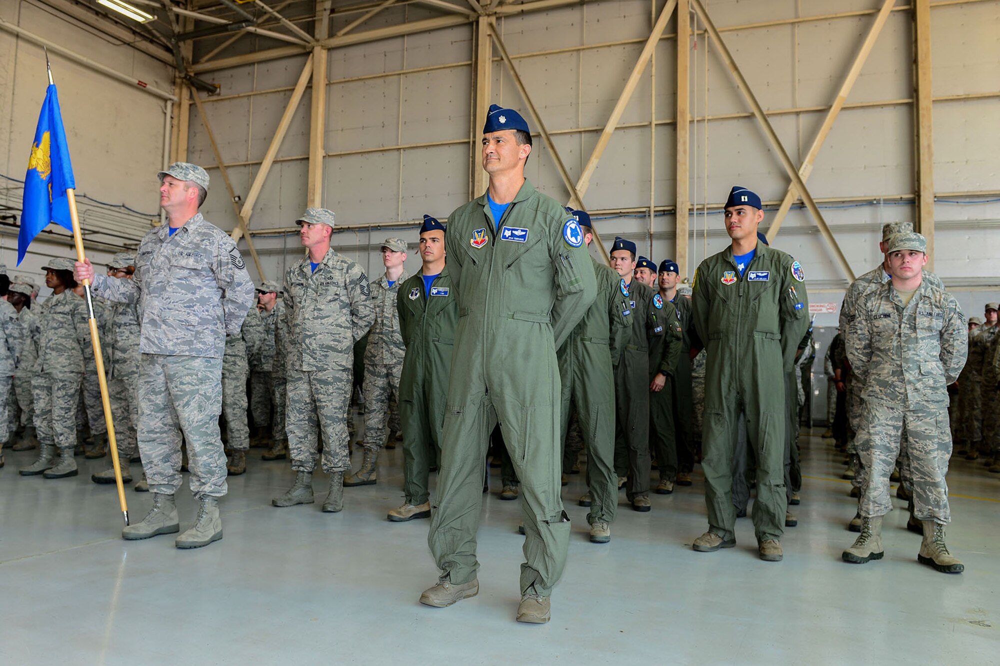 U.S. Air Force Lt. Col. Brian Tenbrunsel, the commander of the 157th Fighter Squadron, assumes his place in front of his squadron during a change of command ceremony at McEntire Joint National Guard Base, S.C., May 14, 2016. Lt. Col. Akshai Gandhi assumes the position as vice commander of the 169th Fighter Wing and relinquishes command of the 157th Fighter Squadron to Lt. Col. Brian Tenbrunsel. (U.S. Air National Guard photo by Airman 1st Class Megan Floyd)