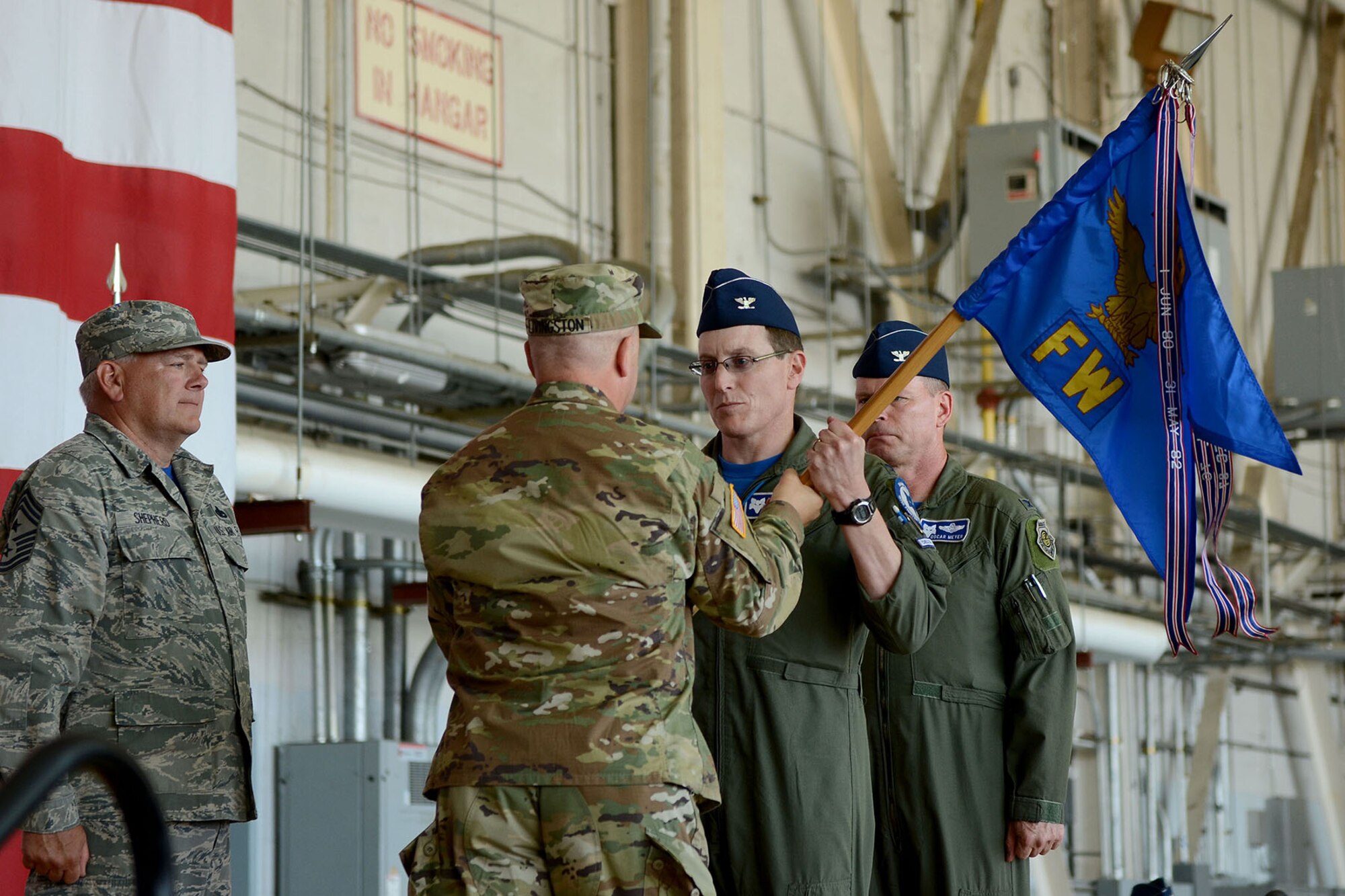 U.S. Airmen of the 169th Fighter Wing and the South Carolina Air National Guard, assemble for a change of command ceremony at McEntire Joint National Guard Base, S.C., May 14, 2016. Col. David Meyer relinquishes command of the 169th Fighter Wing to Col. Nicholas Gentile. (U.S. Air National Guard photo by Senior Airman Ashleigh S. Pavelek)