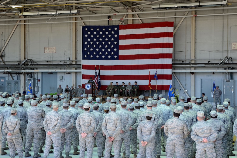 U.S. Airmen of the 169th Fighter Wing and the South Carolina Air National Guard assemble for a change of command ceremony at McEntire Joint National Guard Base, S.C., May 14, 2016. Col. David Meyer relinquishes command of the 169th Fighter Wing to Col. Nicholas Gentile. (U.S. Air National Guard photo by Senior Airman Ashleigh S. Pavelek)