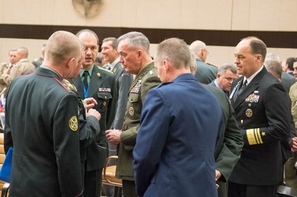 Marine Corps Gen. Joe Dunford, chairman of the Joint Chiefs of Staff, meets with members of the NATO Military Committee during the Chiefs of Defense Session in Brussels, May 18, 2016. DoD photo by D. Myles Cullen
