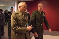 Marine Corps Gen. Joe Dunford, right, chairman of the Joint Chiefs of Staff, talks with Italian Chief of Defense Gen. Claudio Graziano between sessions at the NATO Military Committee/Chiefs of Defense Session in Brussels, May 18, 2016. DoD photo by D. Myles Cullen