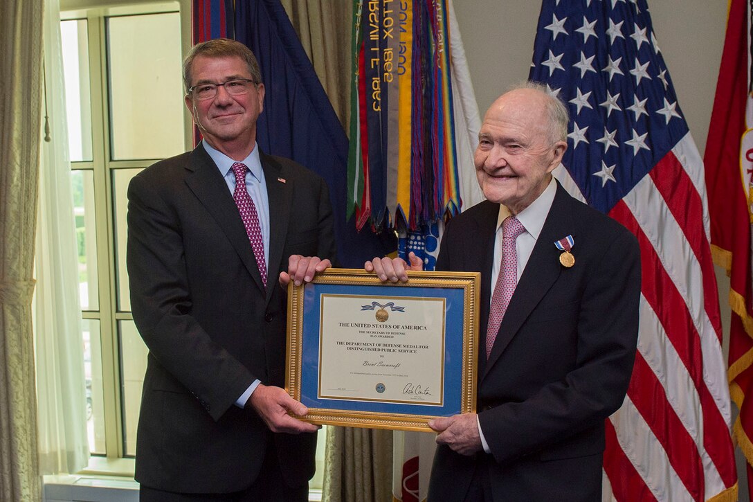 Defense Secretary Ash Carter presents retired Air Force Lt. Gen. Brent Scowcroft with the Department of Defense Medal for Distinguished Public Service during an awards ceremony at the Pentagon, May 18, 2016. DoD photo by Senior Master Sgt. Adrian Cadiz