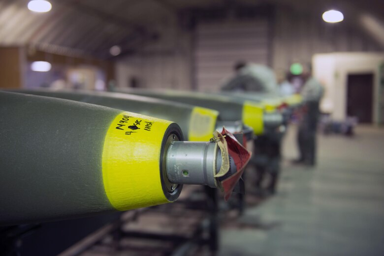 Mark 82 bombs wait to be wired for use during RED FLAG-Alaska 16-1, May 9, 2016, on Eielson Air Force Base, Alaska. Each bomb must be thoroughly inspected before it is loaded onto an aircraft. Within Aircraft Munitions Maintenance Organization, different shops work like a distant assembly line, from storage, to building, then loading. (U.S. Air Force photo by Staff Sgt. Ashley Nicole Taylor/Released)
