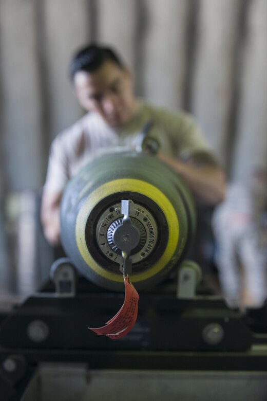 A Mark 82 bomb gets labeled during RED FLAG-Alaska 16-1, May 10, 2016, on Eielson Air Force Base, Alaska. Once the munitions are fully assembled and ready for use, a timer can be set to make sure it explodes at a safe distance from the aircraft once dropped. (U.S. Air Force photo by Staff Sgt. Ashley Nicole Taylor/Released)
