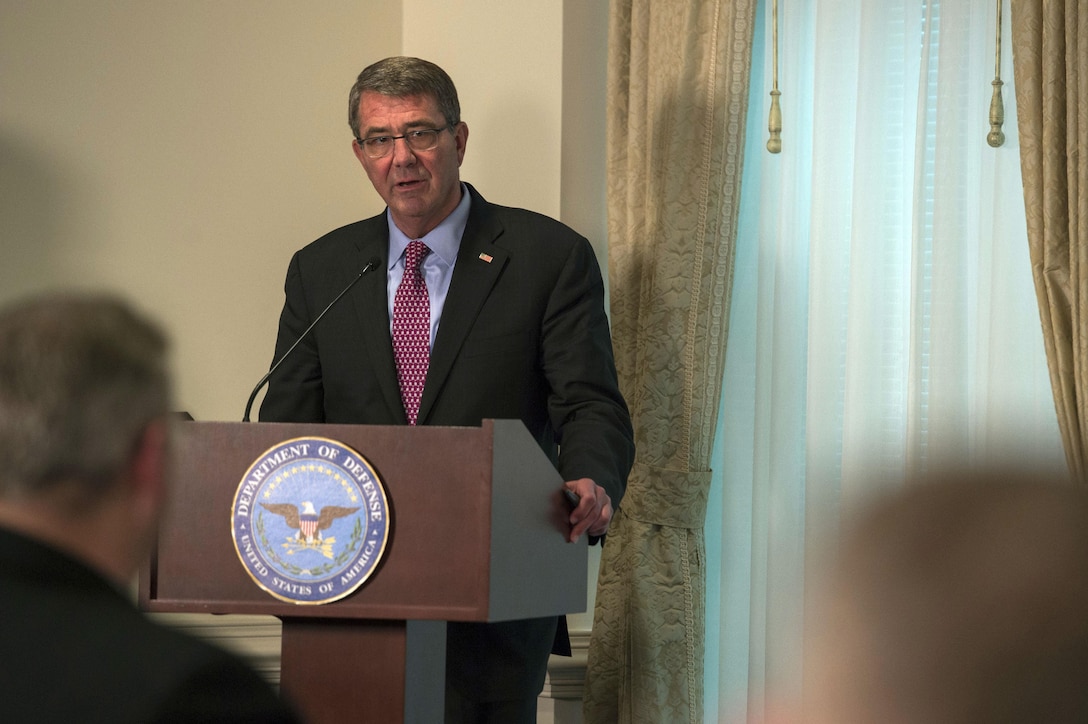 Defense Secretary Ash Carter speaks at the swearing in of Eric Fanning as the Secretary of the Army during a ceremony at the Pentagon, May 18, 2016. DoD photo by Air Force Senior Master Sgt. Adrian Cadiz