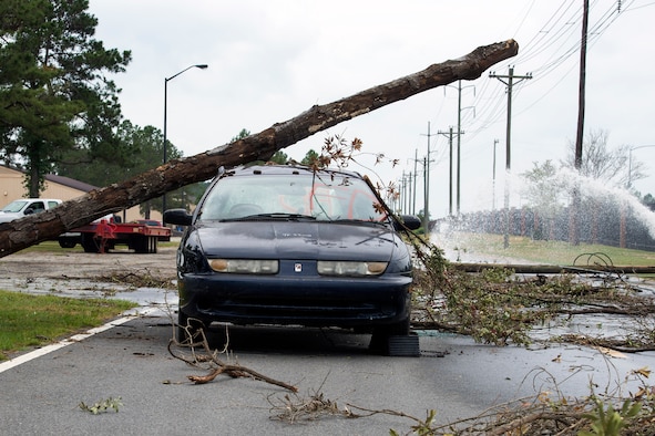 A simulated wrecked vehicle lies in the aftermath of adverse weather experienced during a hurricane exercise, May 17, 2016, at Moody Air Force Base, Ga. The driver lost control of the vehicle due to high winds which resulted in a collision. (U.S. Air Force photo by Airman 1st Class Greg Nash/Released) 