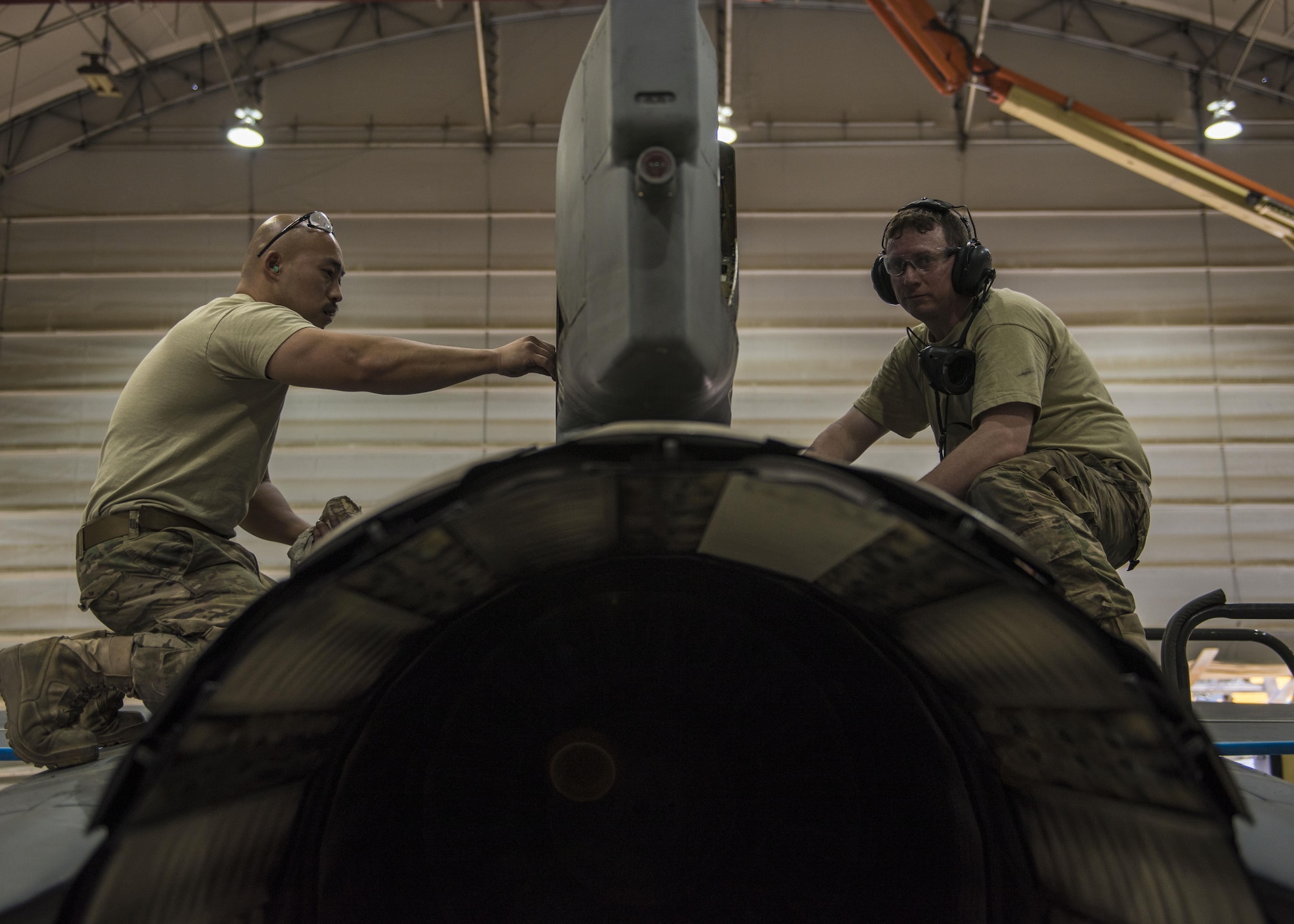 Technical Sgt. Christopher Melrose (right) and Technical Sgt. Rene Garcia (left), 455th Expeditionary Aircraft Maintenance Squadron phase technicians, panel up an F-16C Fighting Falcon during routine phase maintenance at Bagram Airfield, Afghanistan, May 18, 2016. Phase inspections are performed on aircraft every 300 flight hours and involve procedural maintenance actions that require robust attention to detail. (U.S. Air Force photo by Senior Airman Justyn M. Freeman)