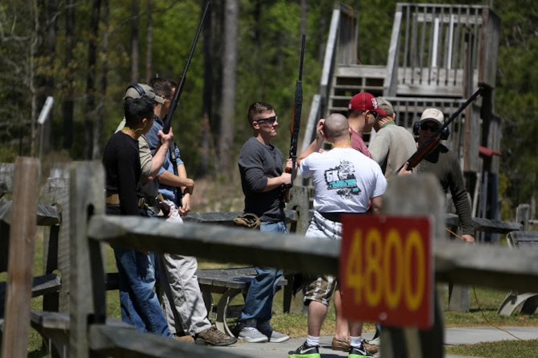Marines receive guidance on range safety procedures during a trap and skeet range at Marine Corps Air Station Cherry Point, N.C., April 14, 2016. Twenty Marines with 2nd Low Altitude Air Defense Battalion’s Firearms Mentorship Program utilized their marksmanship skills during the range as part of their firearms safety classes. The mentorship program promotes safe private gun ownership, builds confidence in marksmanship skills and increases Marines combat readiness by familiarizing them with other weapons. (U.S. Marine Corps photo by Cpl. N.W. Huertas/ Released)