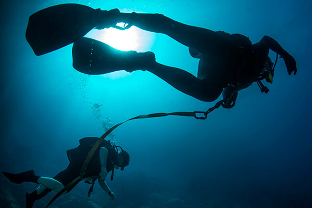 Military divers assigned to Commander, Task Group 56.1, conduct an anti-terrorism force protection dive during Exercise Eager Lion 2016, May 14, 2016. Navy photo by Petty Officer 2nd Class Sean Furey
