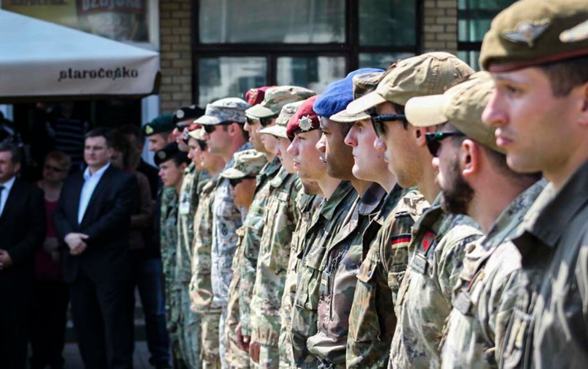 Competitors from a number of NATO nations stand in formation during a ceremony held for the Croatian Best Soldier Competition in Grubišno Polje, Croatia, May 12, 2016. The competition included 145 competitors, nine of whom were members of the U.S. Armed forces and a number of representatives of the armed forces of Croatia, Austria, Bosnia and Herzegovina, the Czech Republic, Germany, Kosovo, Macedonia, Greece, Slovenia, Denmark, France and Italy. This is the fifth year the competition has been held in Croatia, and the first year any U.S. service members finished the event. (Courtesy photo) 
