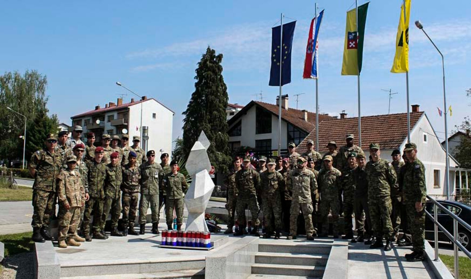 Competitors pose for a photo after completing the Croatian Best Soldier Competition in Grubišno Polje, Croatia, May 12, 2016. The competition included 145 competitors, nine of whom were members of the U.S. Armed forces and a number of representatives of the armed forces of Croatia, Austria, Bosnia and Herzegovina, the Czech Republic, Germany, Kosovo, Macedonia, Greece, Slovenia, Denmark, France and Italy. This is the fifth year the competition has been held in Croatia, and the first year any U.S. service members finished the event. (Courtesy photo) 