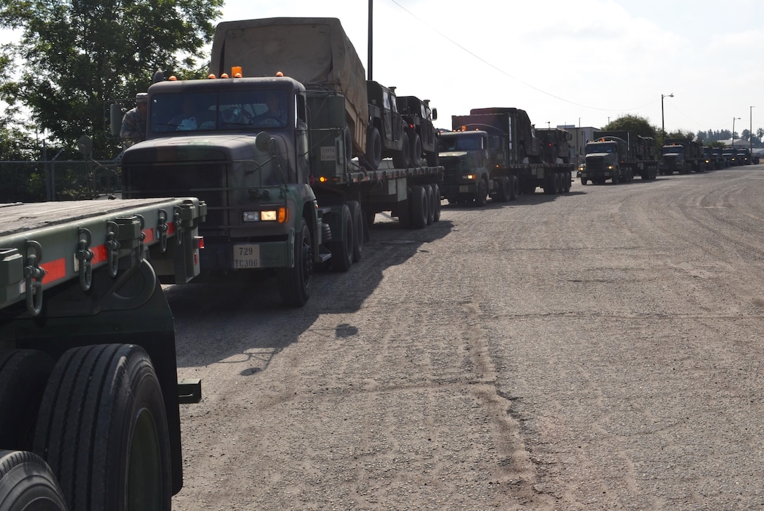 Vehicles from the 729th Transportation Company are staged at the Fresno U.S. Army Reserve Center before they participate in the Nationwide Move exercise that will take them through five states and onto to Operation Maple Resolve, which is being conducted at Canadian Forces Base Wainwright, east of Edmonton, Canada. The Nationwide Move exercise is an opportunity for transportation units throughout the U.S. Army to use their driving skills.