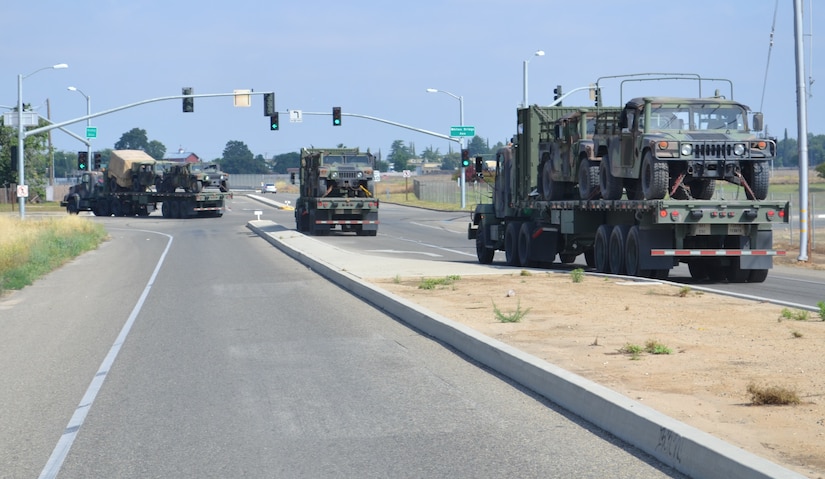 Vehicles from the 729th Transportation Company at the Fresno U.S. Army Reserve Center begin their drive in the Nationwide Move exercise that will take them through five states and onto Operation Maple Resolve, which is being conducted at Canadian Forces Base Wainwright, east of Edmonton, Canada. The Nationwide Move exercise is an opportunity for transportation units throughout the U.S. Army to use their driving skills.