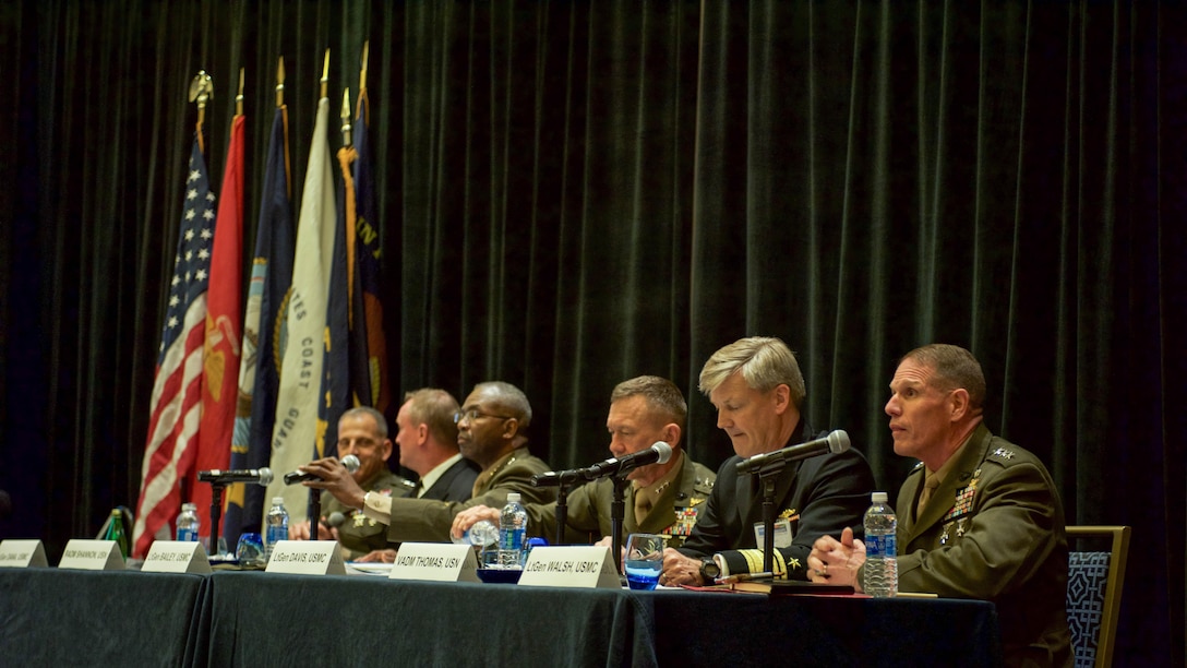 Military leaders discuss future warfighting concepts during the Naval Integration for the 21st Century panel at National Harbor, Maryland, May 16, 2016, as part of the Navy League of the United States Sea, Air, Space Exposition. Seated (left-right) are Lt. Gen. Michael Dana, deputy commandant for Installation and Logistics; Rear Adm. Thomas Shannon commander, Military Sealift Command; Lt. Gen. Ronald Bailey, deputy commandant for Plans, Polices and Operations; Lt. Gen. Jon Davis, deputy commandant for Aviation; Vice Adm. Robert Thomas, director, Navy Staff, and the moderator for the event, Lt. Gen. Robert Walsh, commanding general, Marine Corps Combat Development Command, deputy commandant for Combat Development and Integration. 