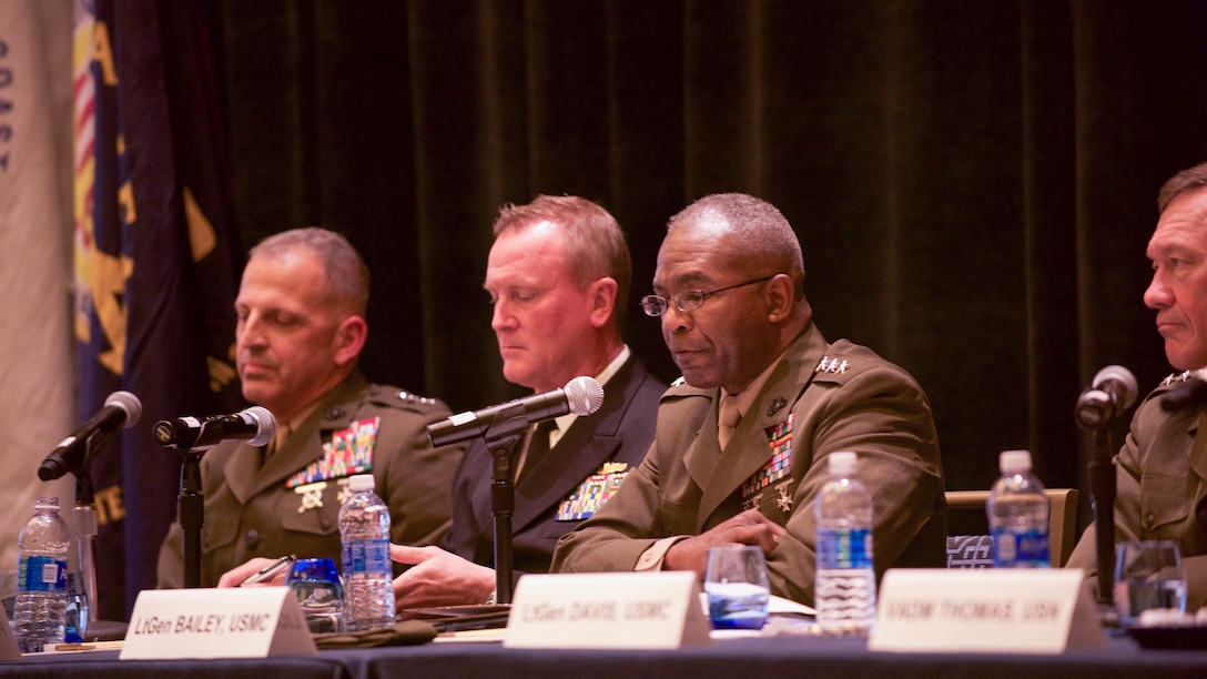 Lt. Gen. Ronald Bailey, deputy commandant for Plans, Polices and Operations, discusses national defense issues during the Naval Integration panel hosted in the Gaylord National Convention Center at National Harbor, Maryland, May 16, 2016, as part of the Navy League of the United States Sea, Air, Space Exposition. The panel also discussed what new products the military is looking for from different attending industries.
