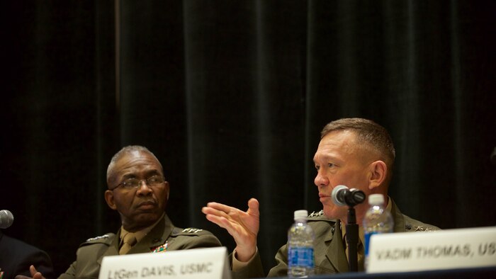 Lt. Gen. Jon Davis, deputy commandant for Aviation, discusses the future of Marine Corps aviation during the Naval Integration panel hosted in the Gaylord National Convention Center at National Harbor, Maryland, May 16, 2016, as part of the Navy League of the United States Sea, Air, Space Exposition. 