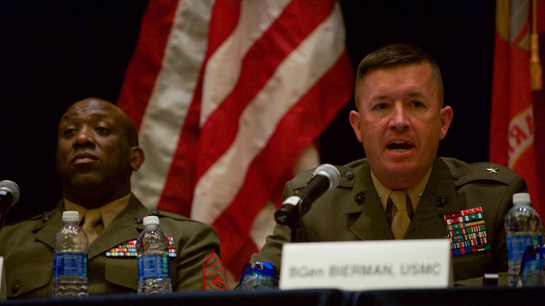 Brig. Gen. James W. Bierman, Commanding General, Marine Corps Recruit Depot San Diego/Western Recruiting Region, answers a question on gender integration from the audience during the Recruit, Train, Retain: Manpower of the 21st Century panel hosted in the Gaylord National Convention Center at National Harbor, Maryland, May 17, 2016. 