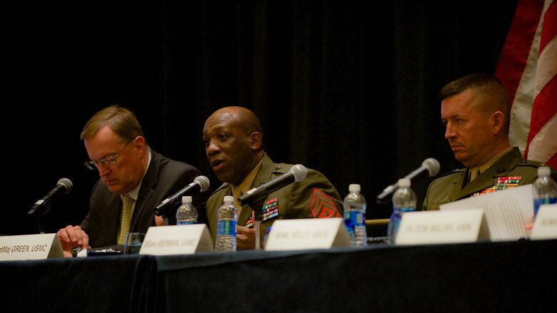 Sgt. Maj. Ronald L. Green, sergeant major of the Marine Corps, answers a question from the audience during the Recruit, Train, Retain: Manpower of the 21st Century panel hosted in the Gaylord National Convention Center at National Harbor, Maryland, May 17, 2016. Some of the questions asked during the event were how gender integration was going to be implemented and how to convince older members about new concepts.