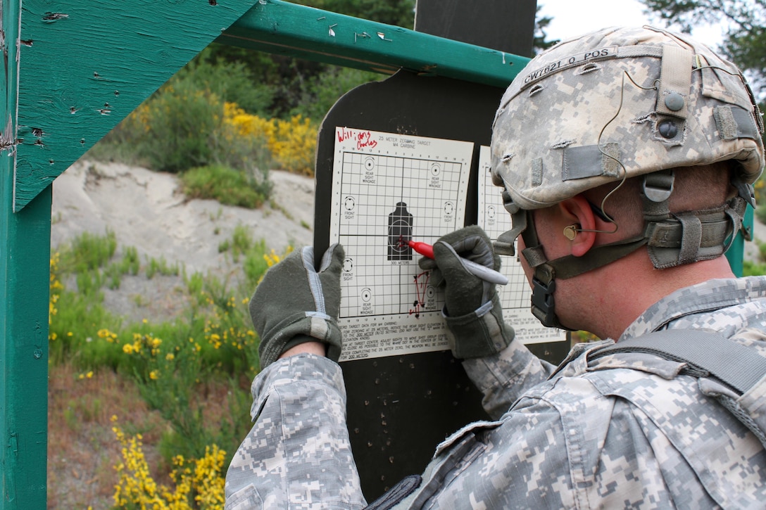 A soldier marks a target during training to qualify on the M4 carbine at Joint Base Lewis-McChord, Wash., May 18, 2016. The routine training allows soldiers to improve basic skills and increase unit readiness. The soldiers are assigned to Headquarters Battery, 17th Field Artillery Brigade. Army photo by Capt. Tania Donovan