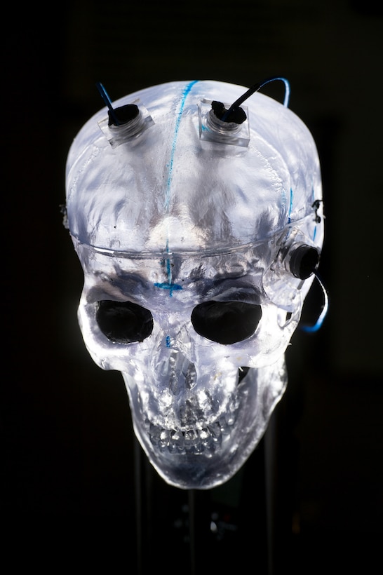 Sensors attached to a translucent model skull are used to measure explosive shock velocity and pressure at the Army Research Laboratory Weapons and Materials Research Directorate at Aberdeen Proving Ground in Aberdeen, Md., March 9, 2016. Data captured by the sensors are used to assist studies in traumatic brain injuries. DoD photo by EJ Hersom
