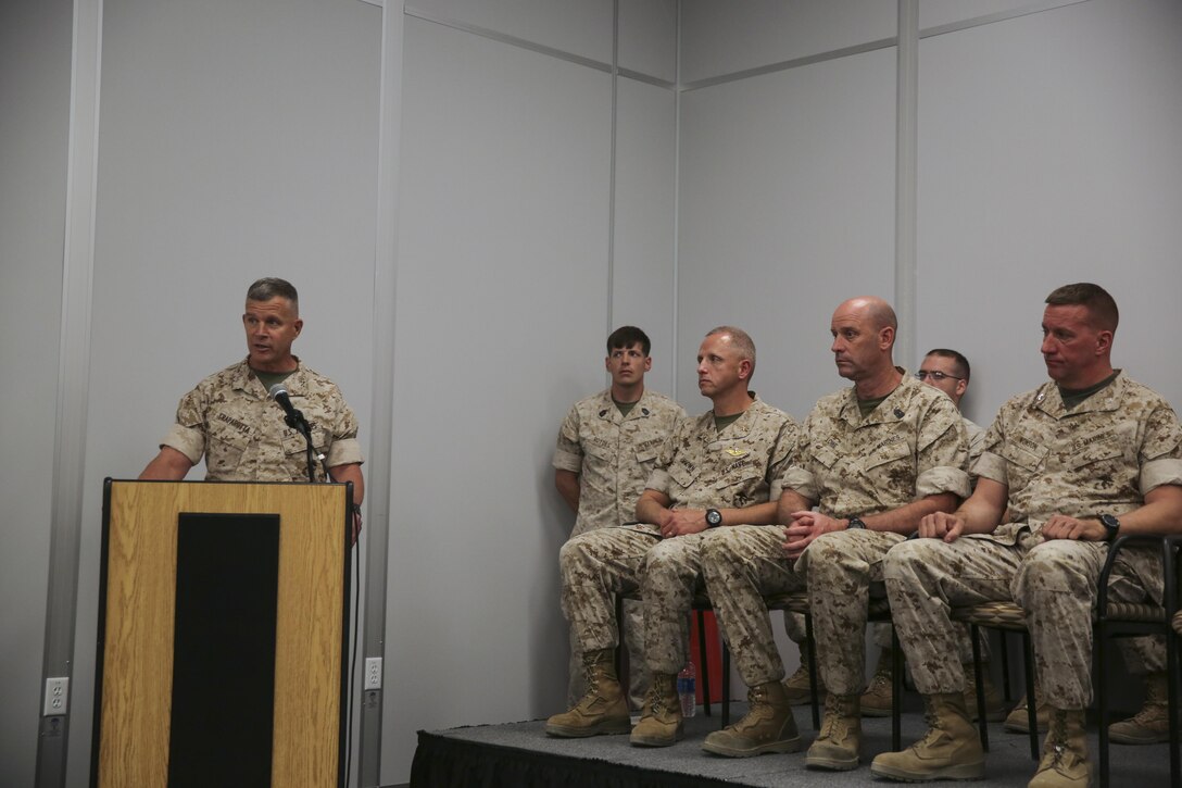 Maj. Gen. Lewis A. Craparotta, Combat Center Commanding General, delivers a speech during the graduation ceremony for Tactical Marine Air Ground Task Force Integration Course 1-16 aboard the Combat Center May 6, 2016. (Official Marine Corps photo by Lance Cpl. Levi Schultz/Released)