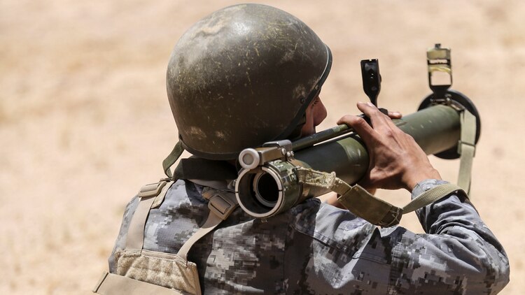 A member of the Jordanian 77th Marines Battalion prepares to fire a training rocket launcher during an explosive weapons range in Al Quweyrah, Jordan, May 16, 2016. Eager Lion is a recurring exercise between partner nations designed to strengthen military-to-military relationships, increase interoperability, and enhance regional security and stability.