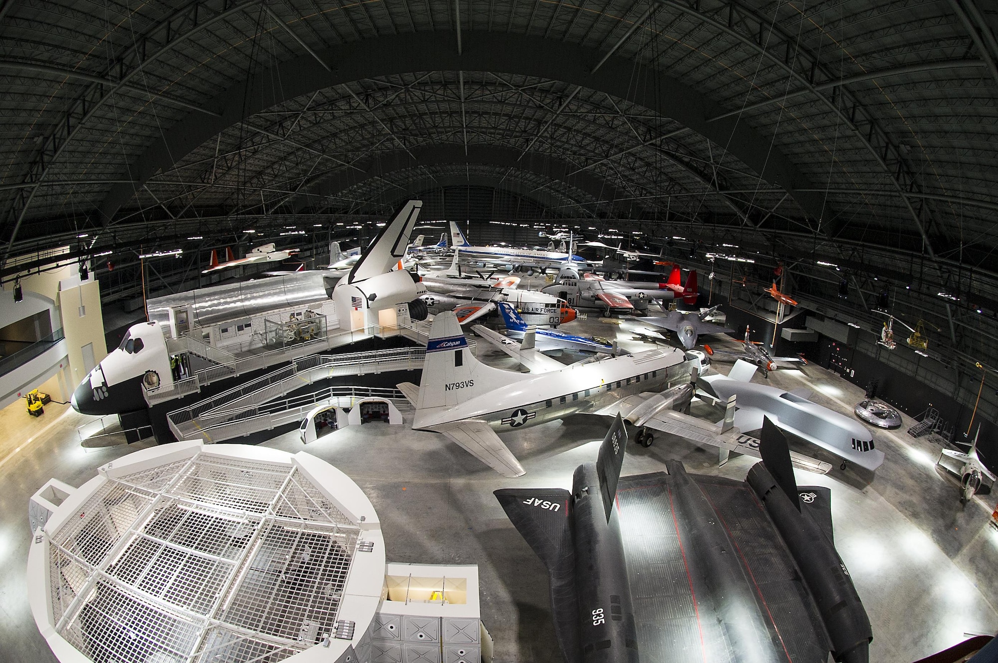 DAYTON, Ohio (05/2016) -- An overhead interior view of the fourth building at the National Museum of the United States Air Force. The fourth building includes more than 70 aircraft in four new galleries -- Presidential, Research & Development, Space and Global Reach.   (U.S. Air Force photo by Ken LaRock)  