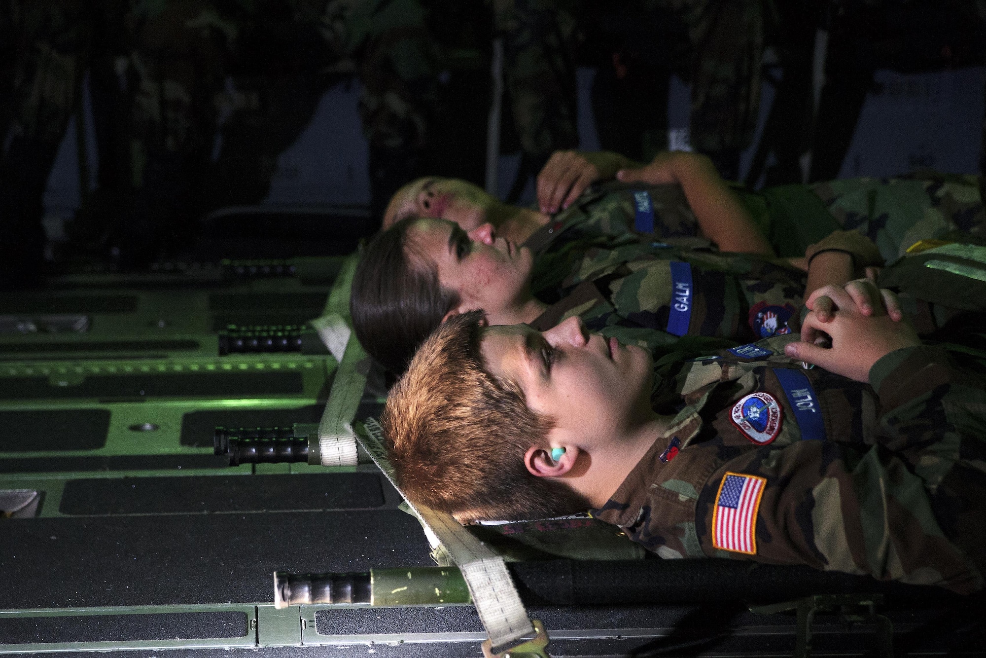 Members of the 315th Aeromedical Evacuation Squadron conduct training operations with the support from Civil Air Patrol volunteers onboard a C-17 Globemaster III, assigned to the 300th Airlift Squadron, near Joint Base Charleston, S.C., May 18, 2016. The squadrons conducted the training to enhance their ability to receive, regulate, transport and track patients to and from Natural Disaster Medical System hospitals near Greenville-Spartanburg International Airport. (U.S. Air Force photo by Senior Airman Jonathan Lane)