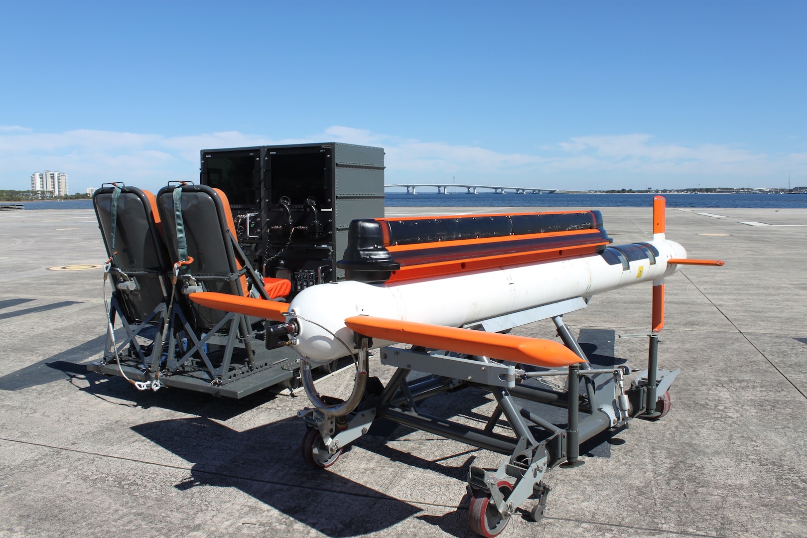 An upgraded AN/AQS-24B mine hunting system sits on the flight deck at Naval Surface Warfare Center Panama City Division May 9, 2016 at the end of a week-long AN/AQS-24B operator training event in Panama City, Florida.