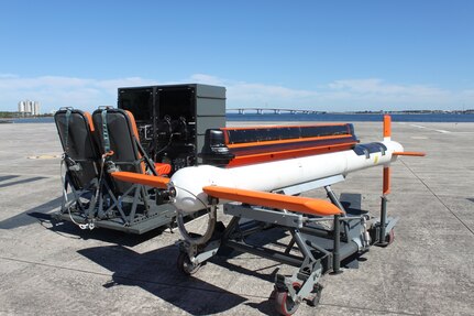 An upgraded AN/AQS-24B mine hunting system sits on the flight deck at Naval Surface Warfare Center Panama City Division May 9, 2016 at the end of a week-long AN/AQS-24B operator training event in Panama City, Florida.