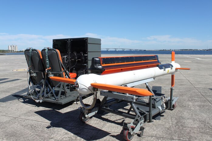 An upgraded AN/AQS-24B mine hunting system sits on the flight deck at Naval Surface Warfare Center Panama City Division May 9, 2016 at the end of a week-long AN/AQS-24B operator training event in Panama City, Florida.