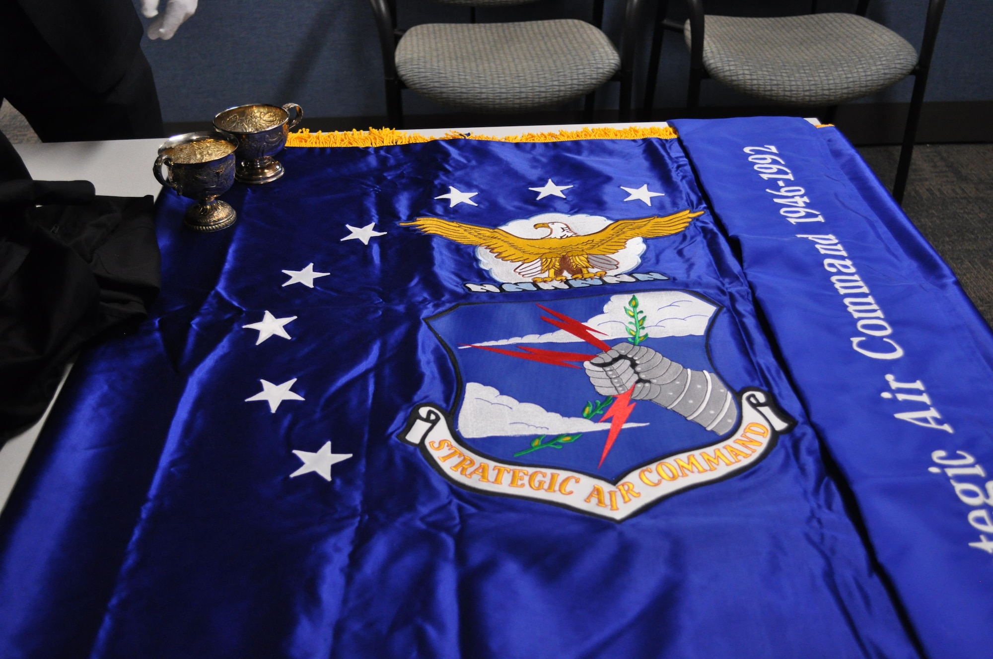 Strategic Air Command’s standard lies folded in the new Global Strike Research Facility, which is the new home of Air Force Global Strike Command’s Office of the Command Historian. The dates 1946-1992 mark the activation and deactivation dates of this command. During its term of service, SAC stood ready as the primary source of strategic deterrence for the nation, according to Command Historian Yancy Mailes (Air Force Photo by Joe K. Thomas, Air Force Global Strike Command Public Affairs).