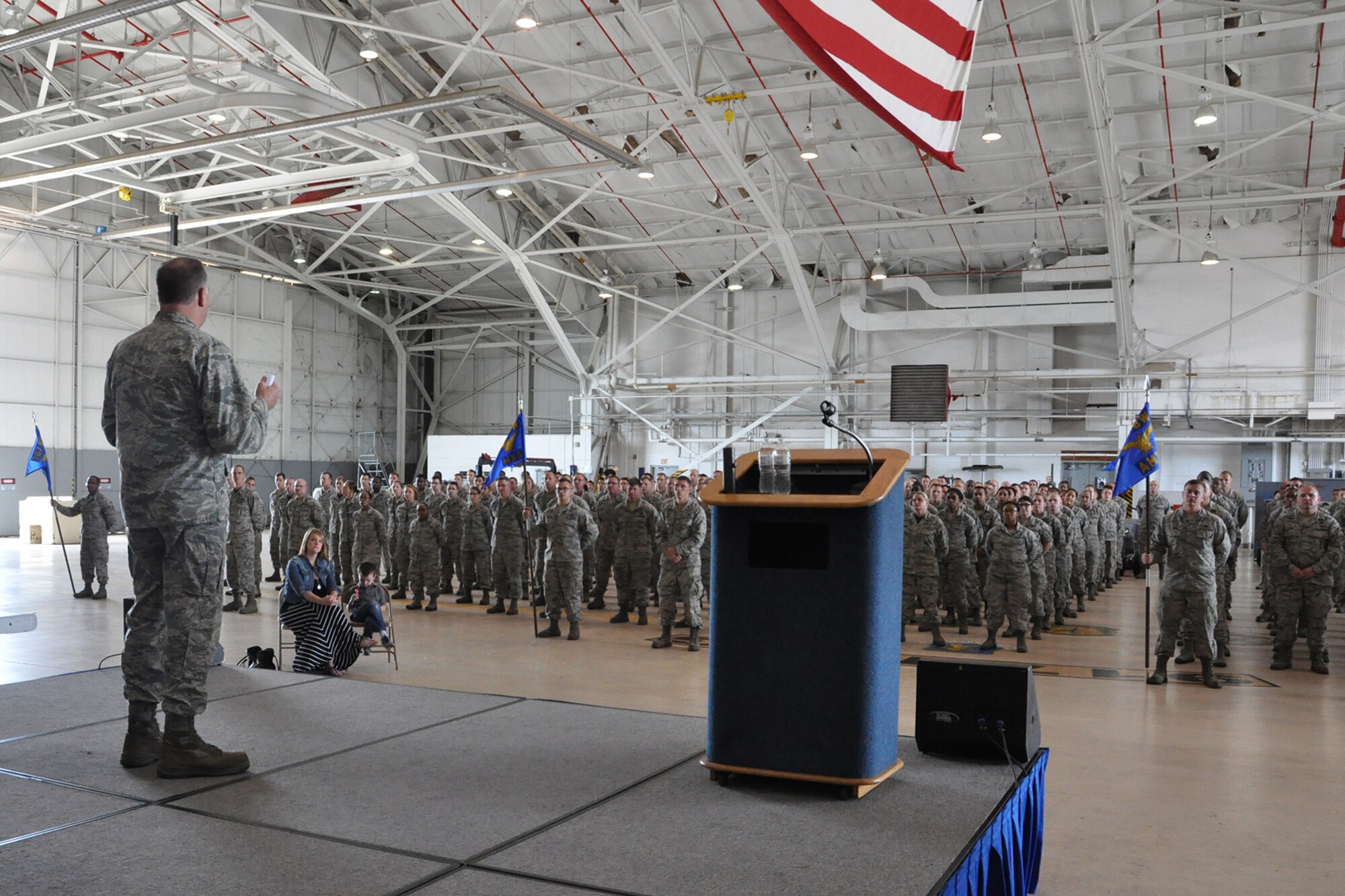 U.S. Air Force Lt. Col. Leo Kamphaus, 307th Maintenance Group commander, speaks to his Airmen during a Commander’s Call (CC) on May 15, 2016, Barksdale Air Force Base, La. The CC was held during the 307th Bomb Wing’s May Unit Training Assembly and provided Kamphaus the opportunity to recognize many of the outstanding Airmen assigned to the group. (U.S. Air Force photo by Master Sgt. Greg Steele/Released)