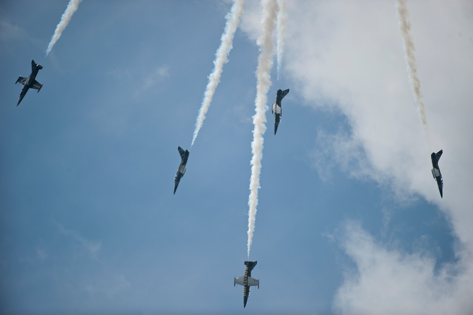 The Breitling Jet Team performs at the Power in the Pines Open House and Air Show at Joint Base McGuire-Dix-Lakehursst, N.J. May 14. As the nation???s only tri-service joint base, JB MDL???s Power in the Pines Open House and Air Show boasts demonstrations from each branch of the armed forces. (U.S. Air Force photo by Christian DeLuca/released)