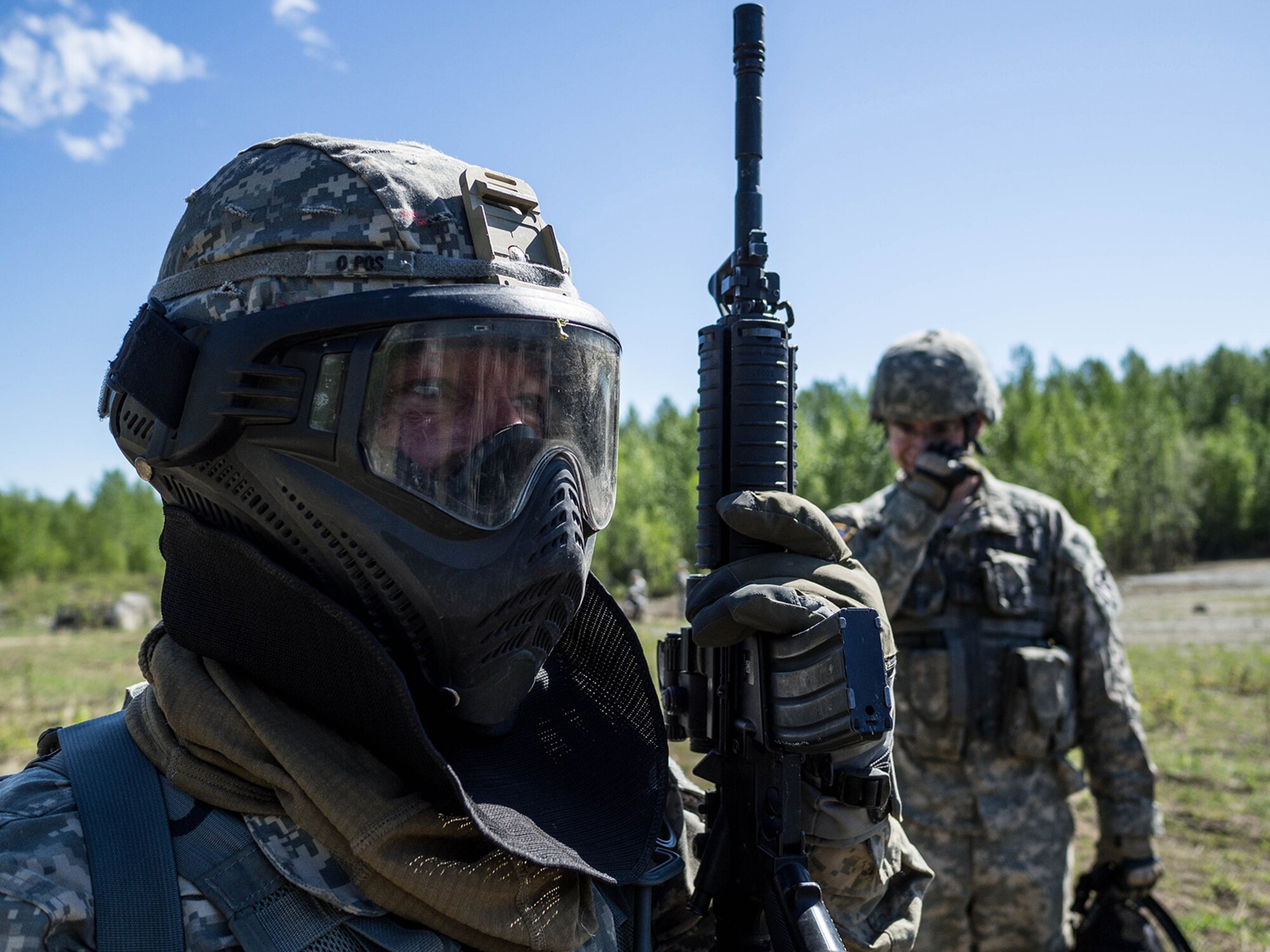 Alaska Army National Guard Spc. Allen Hansen, B Company, 1st Battalion (Airborne), 143rd Infantry Regiment, attends an after-action review following an individual-movement techniques lane May 14, 2016, at the Alaska National Guard's Alcantra Armory in Wasilla. During IMT, Soldiers provide covering fire, while a battle buddy bounds to cover. (U.S. Army National Guard photo by Sgt. David Bedard)