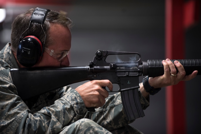 Col. Brad Hoagland, commander of the 11th Wing and Joint Base Andrews, shoots an M16 rifle during the 2016 Elementary Level Excellence in Competition Rifle Match at Joint Base Andrews, Md., May 17. Hoagland was one of 120 active duty, Guard and Reserve to take part in the EIC. (U.S. Air Force photo by Airman 1st Class Philip Bryant) 