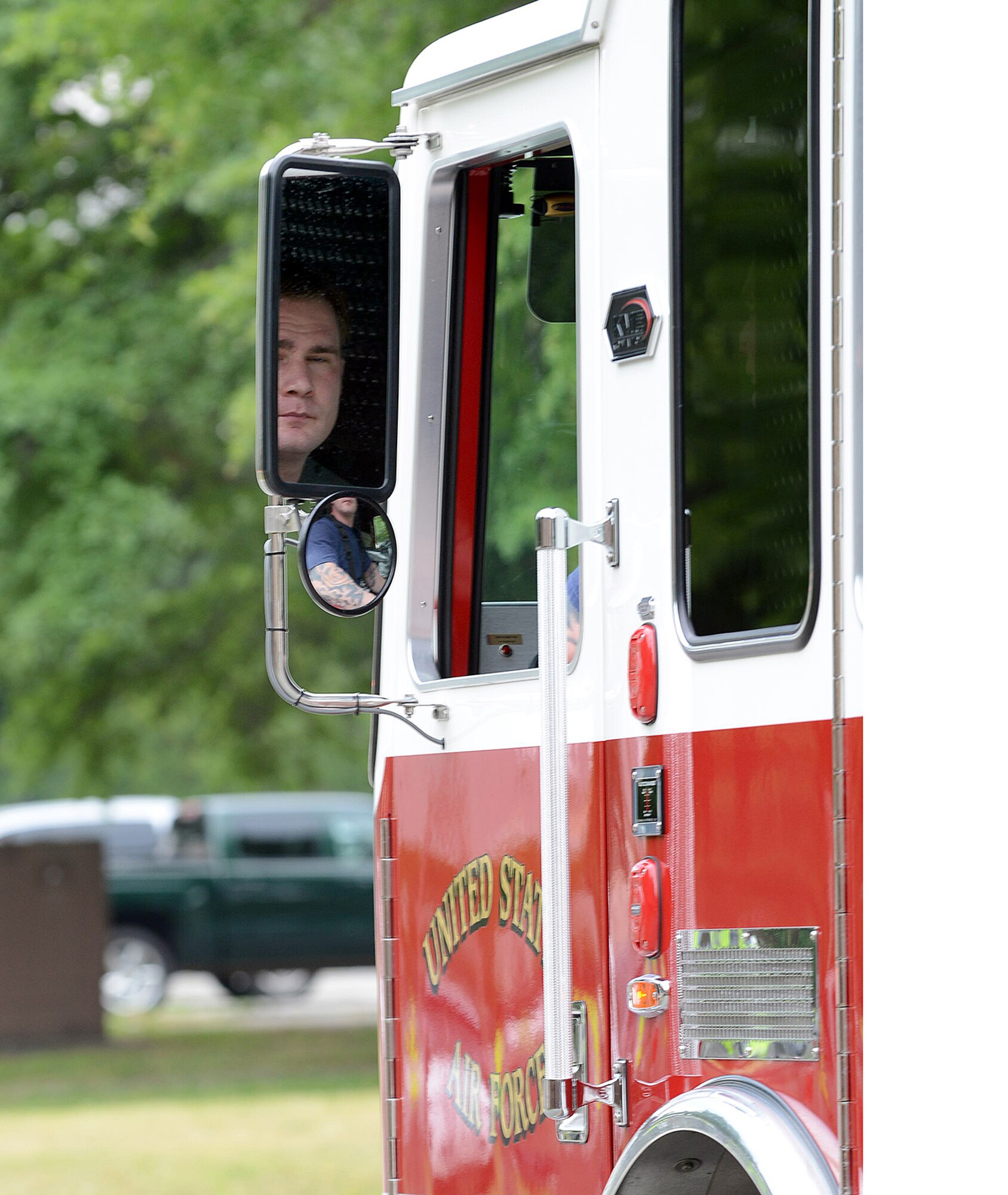 Team Robins conducted a series of exercises last week which included an active-shooter scenario involving airmen who were moulaged to portray victims. Shown here, a base firefighter departs the scene following the scenario. (U.S. Air Force photo by Tommie Horton)