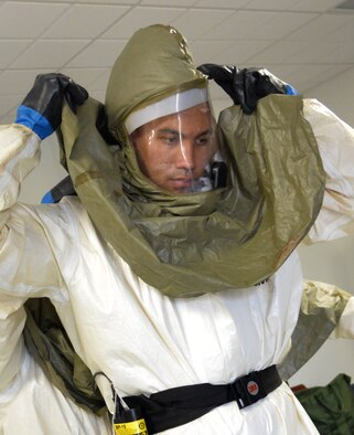 Airmen from the 78th Medical Group recently participated in a three-day, In-Place Patient Decontamination specialized class that included classroom training and hands-on instruction on shelter assembly, setting up a containment system for wastewater runoff and processing, and patient care during a chemical, biological, radiological or nuclear incident. (U.S. Air Force photo by Ray Crayton)