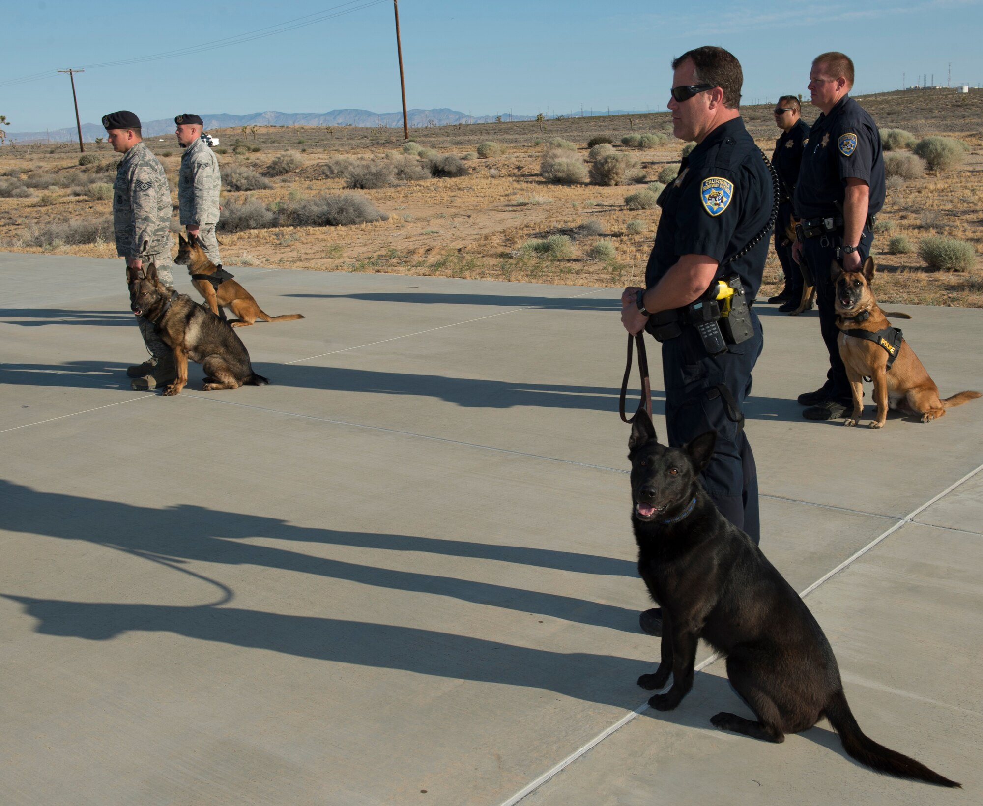 California Highway Patrol officers and K-9 units from Mojave, California, and Bakersfield, California, join the 412th Security Forces Squadron for a reveille ceremony on the Airman Leadership School drill pad here Monday. The ceremony marked the beginning of Police Week. (U.S. Air Force Photo by Joseph Pol Gocon.)