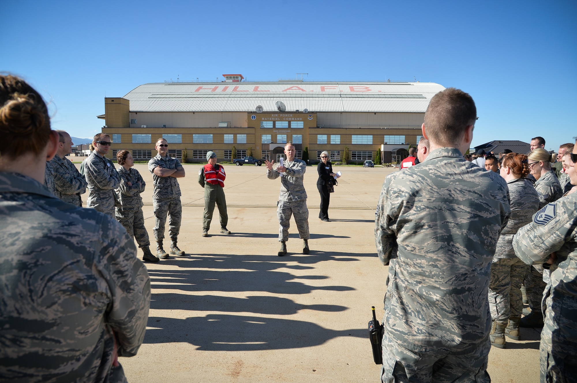 Lt. Col. Todd Schwartlow, 75th Medical Operations Squadron, briefs exercise participants prior to a mass casualty scenario at Hill Air Force Base, Utah, May 18, 2016. Nearly 30 emergency response agencies, including local hospitals, fire departments, law enforcement and emergency operations centers participated in the training event. Approximately 200 students from the Clearfield Job Corps participated by simulating accident victims. (U.S. Air Force photo by R. Nial Bradshaw)