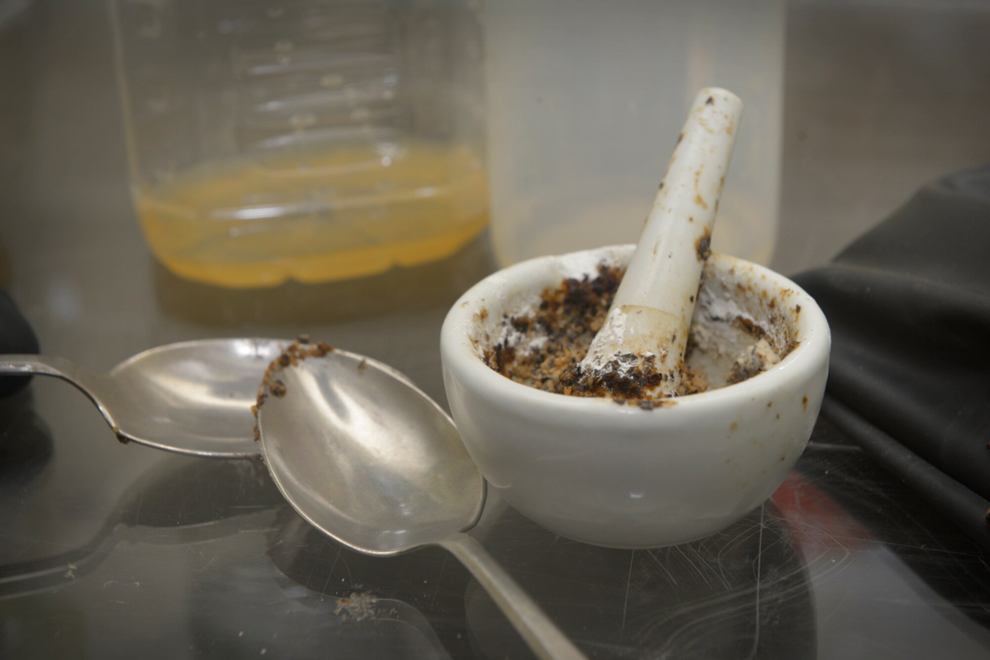 Castor bean puree is arranged to simulate a ricin-making work station at Yokota Air Base, Japan, May 13, 2016. The workstation and other realistic elements were used to simulate a terrorist compound during an exercise which tested Yokota’s readiness to respond to an active shooter and hazardous materials threat. (U.S. Air Force photo by Airman 1st Class Elizabeth Baker/Released)