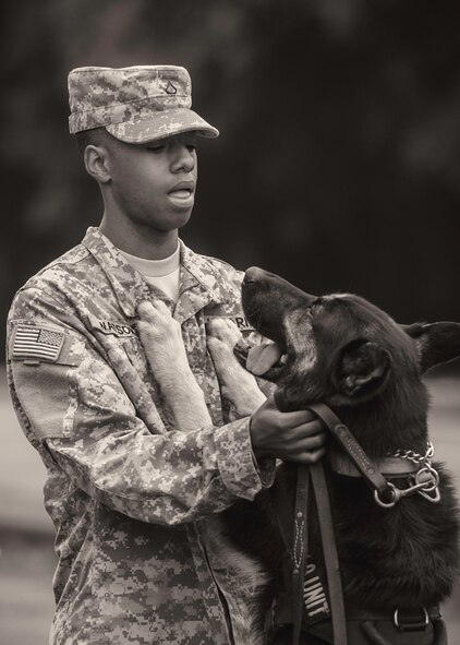 Private first class Rodney Watson, 901ST Military Police Detachment, plays with his canine, Buzo, during Yokota’s Top Dog competition at Yokota Air Base, Japan, May 16, 2016. The competition showcased the dogs and their handlers’ ability to work together and solve various problems including detection, building search and relay races. (U.S. Air Force photo by Senior Airman Delano Scott/Released)