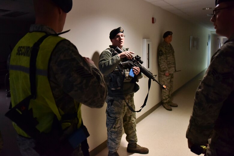 U.S. Air Force Tech. Sgt. Cody McLuckie, Security Forces specialist at the 180th Fighter Wing in Swanton, Ohio, reviews the actions he took and the radio messages the SF team sent to clear a building on base of all suspects during an active shooter exercise on May 15, 2016. The 180th performed a base-wide active shooter response exercise and inspection to prepare Airmen to survive an incident on base or in their civilian lives. (Ohio Air National Guard photo by Tech. Sgt. Nic Kuetemeyer/released)