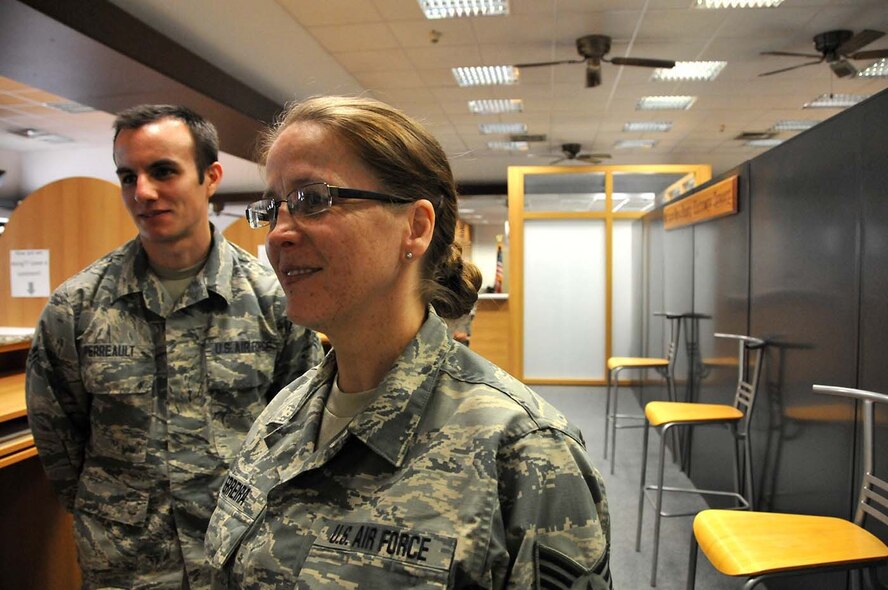 Ramstein, Germany - Tech. Sgt. Antonietta Ferreira and Airman 1st Class Trevor Perreault from the 104th Fighter Wing work in conjunction with their active duty counterparts, May 16, 2016. Both Airmen are among nearly 100 Guardsmen from  the 104th Fighter Wing, Barnes Air National Guard Base, Mass.,  deployed for training to Ramstein and Spangdahlem Air Bases in an effort to enhance readiness and maintain continuous continuity between the National Guard and  Active Duty counterparts. (U.S. Air National Guard photo by Senior Airman Loni Kingston/Released)