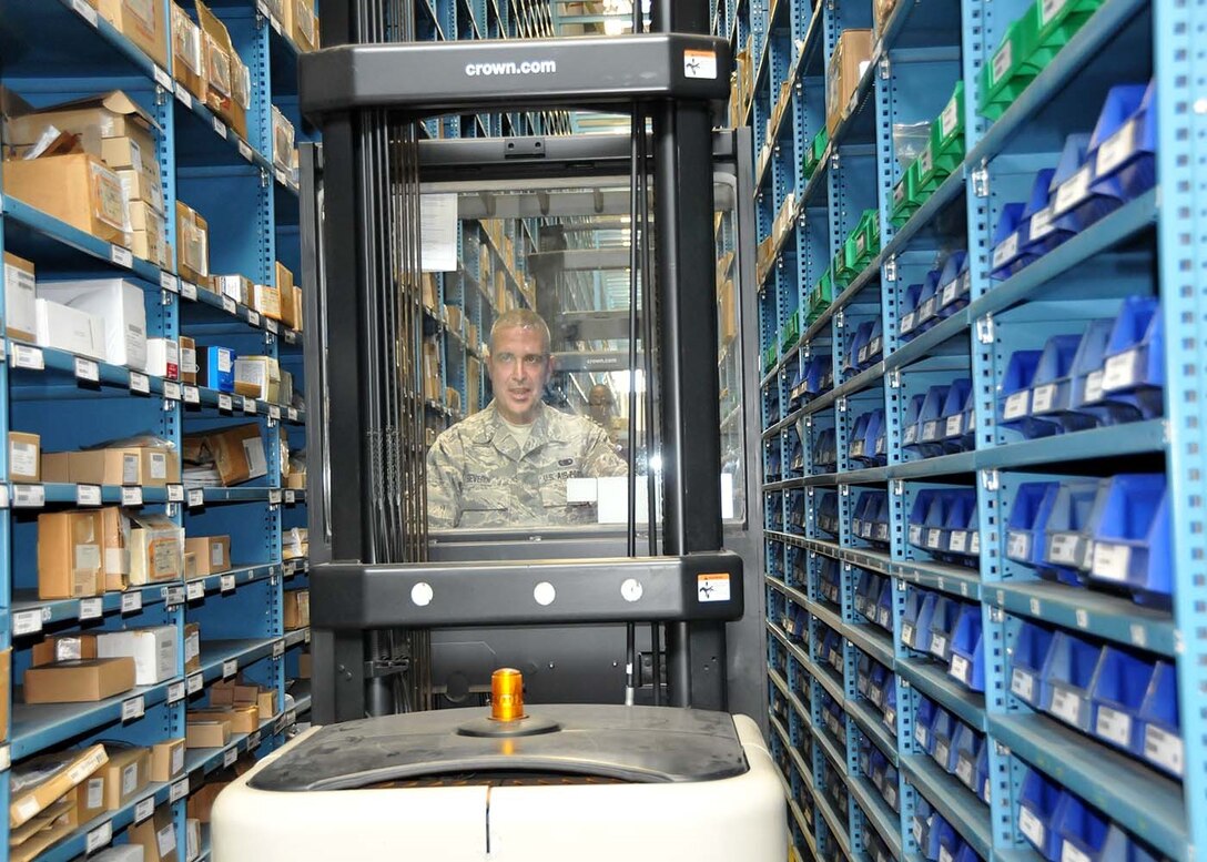 SPANGDAHLEM, Germany - Supply systems analyst, Tech. Sgt. Jackuline Robinson and material management specialist Senior Airman John Severin, train on the hyster forklift, taking supply inventory for the annual inventory inspection, May 17, 2016.  Robinson and Severin are two of approximately 100 Airmen from the 104th Fighter Wing, Barnes Air National Guard Base, Mass.,to deploy to Germany to train side-by-side with their active duty counterparts.  Integration training allows Service Members the opportunity to learn from each other and put that knowledge to use during a combat deployment. (U.S. Air National Guard photo by Senior Airman Loni Kingston/Released)