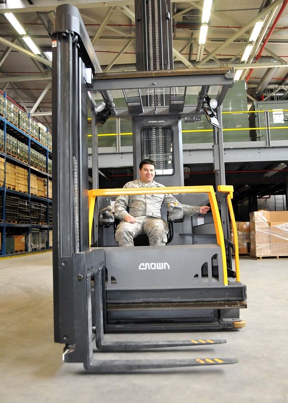 SPANGDAHLEM, Germany - Warehouse specialist from the 104th Fighter Wing, Staff Sgt. Derek Bermans, train on the hyster forklift, taking supply inventory for the annual inventory inspection, May 17, 2016.  Robinson and Severin are two of approximately 100 Airmen from the 104th Fighter Wing, Barnes Air National Guard Base, Mass.,to deploy to Germany to train side-by-side with their active duty counterparts.  Integration training allows Service Members the opportunity to learn from each other and put that knowledge to use during a combat deployment (U.S. Air National Guard photo by Senior Airman Loni Kingston/Released)