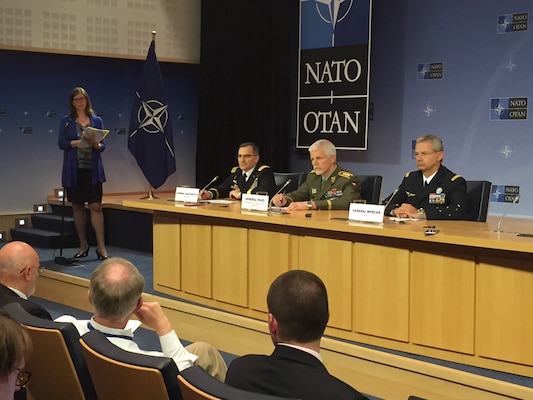 Left to right: Army Gen. Curtis M. Scaparrotti, NATO’s supreme allied commander for Europe; Gen. Petr Pavel of the Czech army, the chairman of NATO’s Military Committee; and Gen. Denis Mercier of the French air force, the alliance’s supreme allied commander for transformation, brief reporters about the results of the Military Committee Meeting in Brussels, May 18, 2016. DoD photo by Jim Garamone