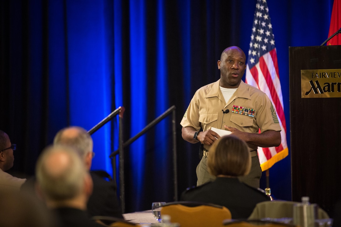 The 18th Sergeant Major of the Marine Corps, Ronald L. Green, speaks at the Navy Surgeon General's Leadership Symposium in Falls Chruch, VA., May 17, 2016. (U.S. Marine Corps photo by Sgt. Melissa Marnell, Office of the Sergeant Major of the Marine Corps/Released)