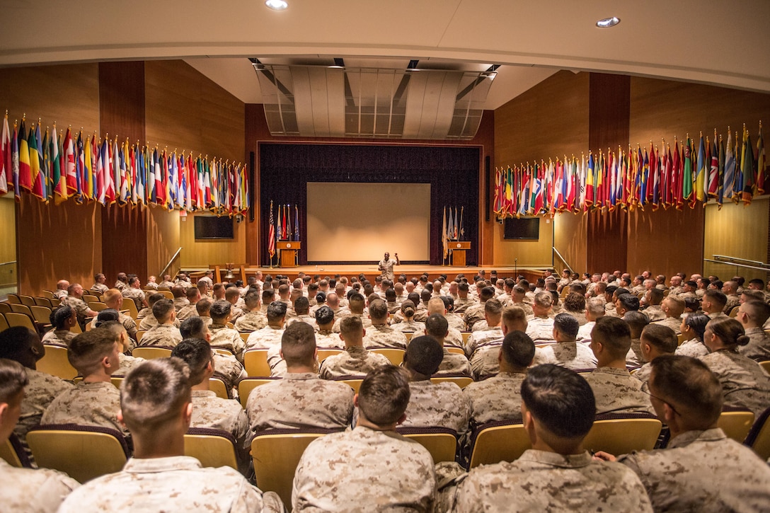 The 18th Sergeant Major of the Marine Corps, Ronald L. Green, visits Marines assigned to Marine Forces Command, Norfolk, VA., May 16, 2016. (U.S. Marine Corps photo by Sgt. Melissa Marnell, Office of the Sergeant Major of the Marine Corps/Released)