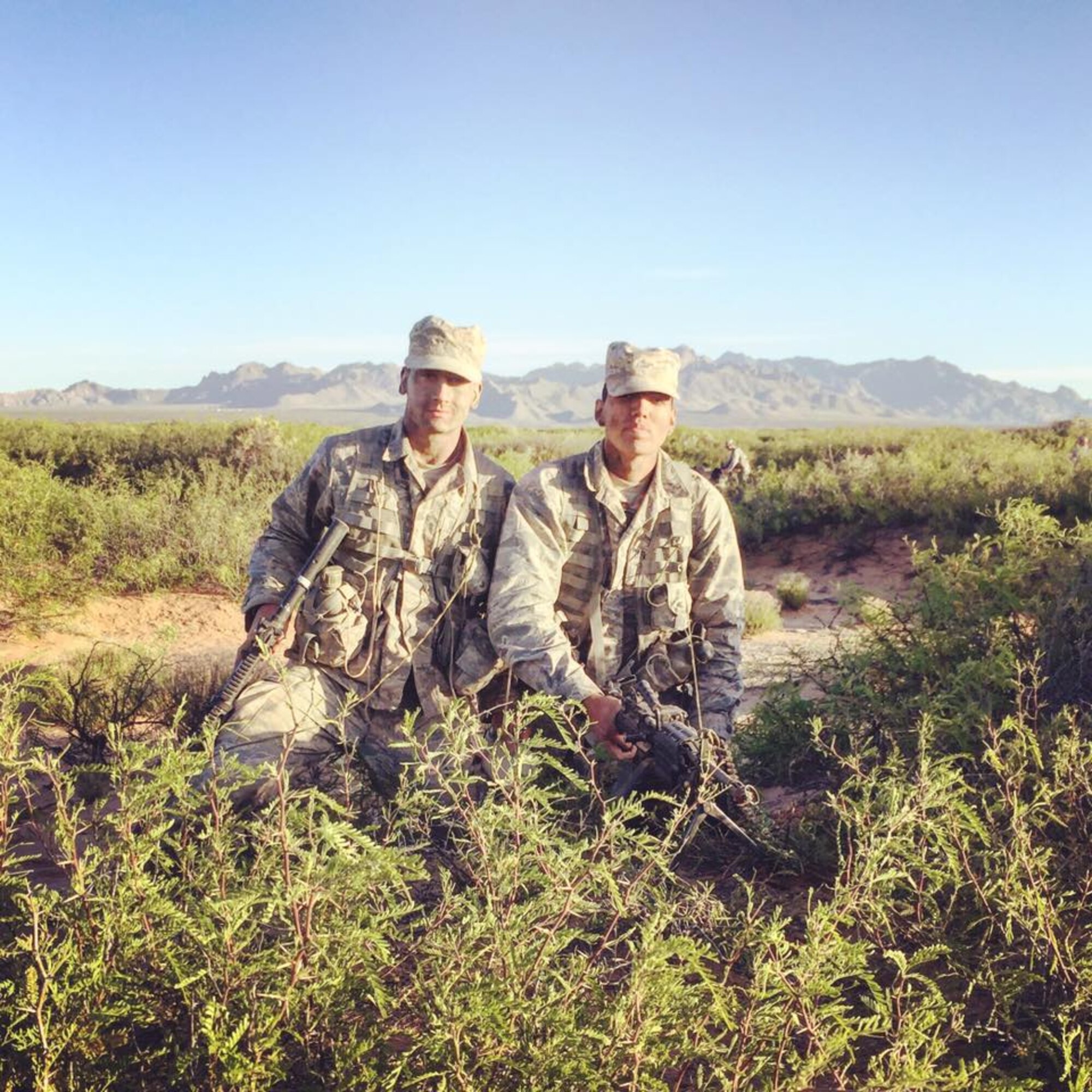 Staff Sgt. Lee Cundiff, 31st Civil Engineer Squadron explosive ordnance disposal technician, and Staff Sgt. Ricardo Salinas, 31st Aircraft Maintenance Squadron designated crew chief, pose during a Ranger Assessment Course, in Fort Bliss, Texas. The RAC is a grueling 15-day course designed to put U.S. Armed Forces members through the toughest of combat related tasks to prepare them for Ranger School. (Courtesy photo)